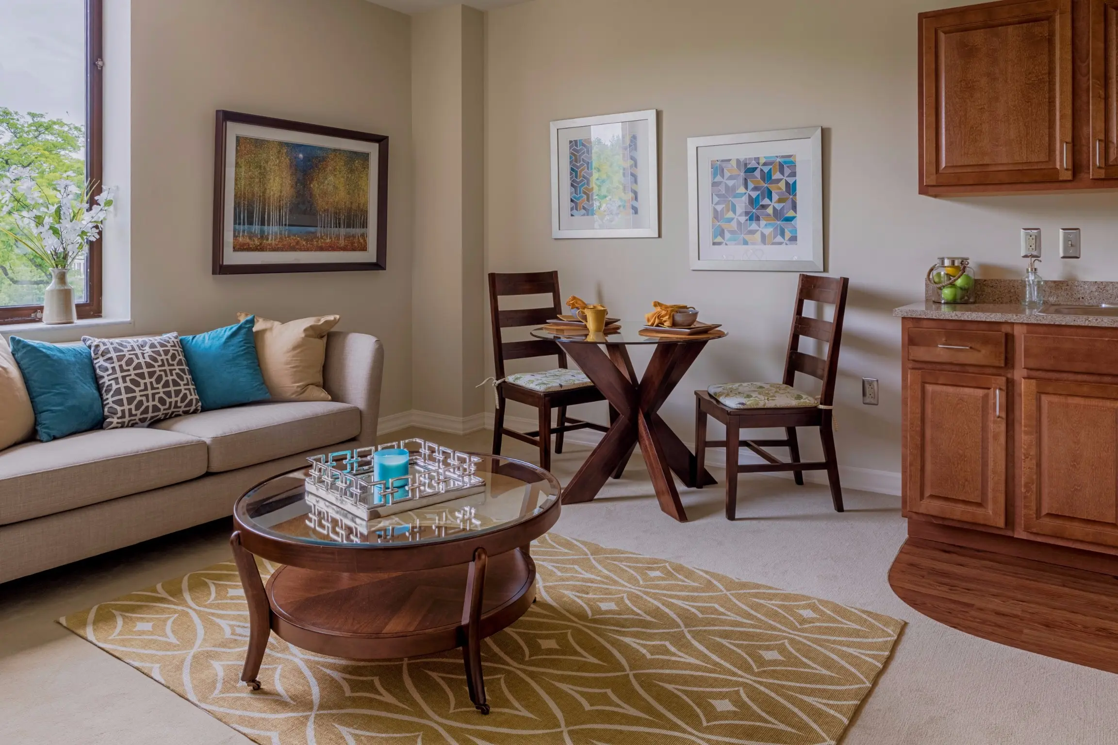 Apartment living room at American House Cottage Grosse Pointe adsf